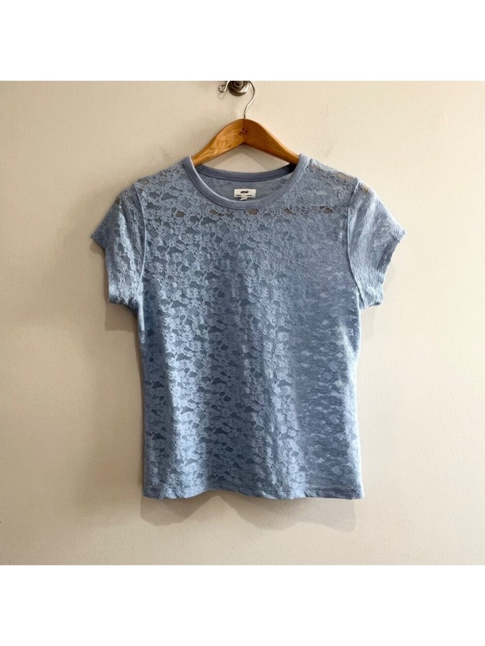 Aerie Lace Crew Neck T-Shirt Womens M Blue Sheer Fitted